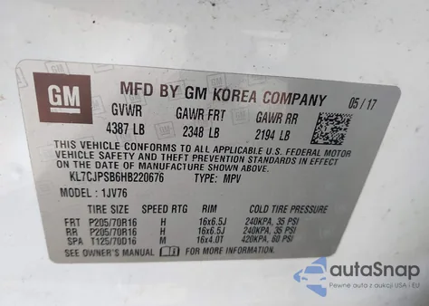 2017 Chevrolet Trax Lt из США, поврежденный, VIN KL7CJPSB6HB220676